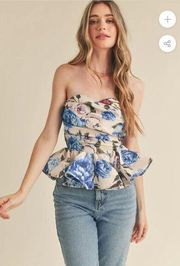 Mable KORI SWEETHEART PEPLUM TUBE TOP Blue Floral size Large