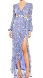 NWT  Gorgeous Sequined Faux Wrap Cut Out Puff Sleeve Gown Dress