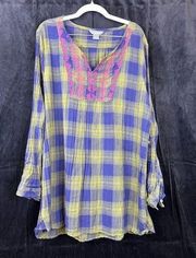 Natural Reflections Womens Green Plaid Flannel W Pink Collar Embroidery Sz XXL