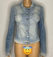 Guess Vintage Denim Jean Jacket Button Up Collared Distressed Light Wash