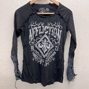 Affliction Y2K Style Long Sleeve Lace Trimmed Top With Rhinestones S T-Shirt