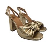 J Crew Knotted Heeled Sandals Bow Heel Gold Womens 7.5 Shoes Open Toe Strappy