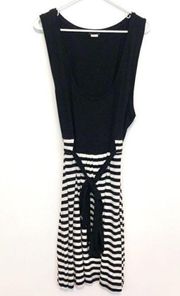 VENUS Plus Size Solid Black / Black White Striped Tie Bow Waist Fit Flare Dress