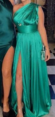🆕 BRONX & BANCO Camilla Silk One Shoulder Maxi Dress Gown in Emerald Sz M