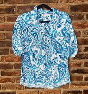 7th Ave New York & Company White Blue Paisley Button Down Shirt Size Large