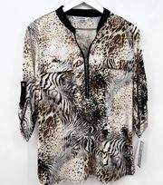 NWT Nygard Collection Animal Print 1/4 Zip Blouse 3/4 Sleeve Size Petite Large