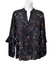 Ivanka Trump Black Floral Blouse Split Neck Ruffle Long Sleeve Blouse