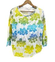 Fresh produce Womens Size M T-Shirt Jersey Knit Tropical Floral Blue Yellow