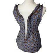 Tory Burch Navy Brown Geometric Print Pleated Tank Blouse 4