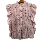 French Connection Womens Blouse Sz 6 Pink Eyelet Ruffles CottageCore Romantic