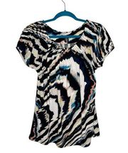 Valerie Stevens Abstract Print Pleated Neck Short Sleeve Blouse