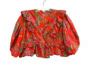 Rhode Elodie Blouse Top Size Medium Red Floral‎ Cropped Puff Sleeve Ruffle Boho