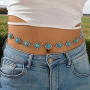 Boho Silver Plated Turquoise Waist Chain Vintage Style Adjustable Metal Chain Belt Western Retro  Faux FastBody Jewelry
