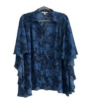 Blue Floral Angel Sleeve Vneck Button Down Blouse oversized Flowy