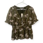 Olive Green Floral Short Sleeve Blouse Size Large NEW