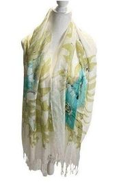 Viscose Floral White Yellow Blue Fringe Rectangle Scarf Sheer Coastal