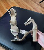 NY Gemi Leather Gold Strappy Chunky Block Shiny Metallic Breatheable Laser Perforated Sandals High Heels Pumps