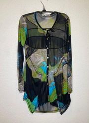 Joseph Ribkoff Sheer Black Blue Button Tunic Sz S Abstract Long Sleeve Cover Up