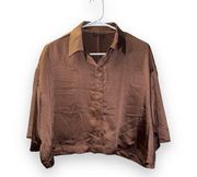 Dynamite Brown Short Sleeve Silky Satin Flowy Button Up Shirt size petite small