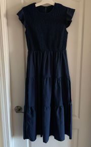 Women’s Small  Navy Blue Smocked Ruffle Tiered Midi Dress