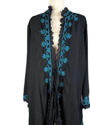 Soft Surroundings Womens Padma Duster Jacket 2X Plus Black Turquoise Embroidered