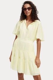 Scotch & Soda Midi Length Paneled Dress Sz L Yellow Gathering Details V-Neck NWT