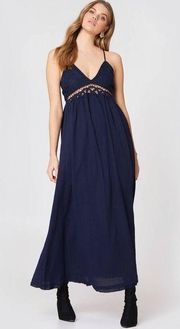 Cotton Lace Inset Empire Waist Maxi Dress in Navy- Size M