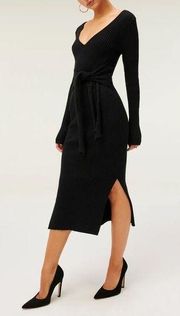 NWT Good American Long Sleeve Belted Bodycon Midi Sweater Dress Black 1/2