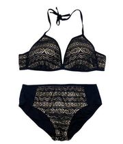 Swimsuits For All Black & Gold Crochet Lace Two Piece Swimsuit Bikini Size 16/10