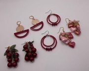 Lot Of 4 Costume Earrings Pierced Dangle Drop Dress up Colorful Red Mix