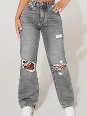 SHEIN PETITE Cut Out Ripped Frayed Straight Leg Jeans in light gray