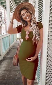Army Green Maternity Short Sleeve Cuff Sleeve Ruched Bodycon Dress
