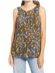 NWT Halogen Sleeveless Pleated Georgette Top Olive Nouveau Botanical Print S