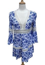 Solitaire Swim Top Cover Up Boho Blue Dress Rayon Size Small