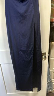 Navy Blue Satin Maxi Dress With Front Slit