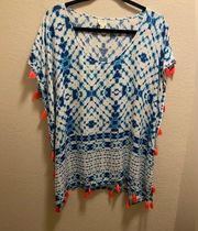 Surf Gypsy Tassel Trim Blue & White Tie Dye Swim Cover-Up Size L