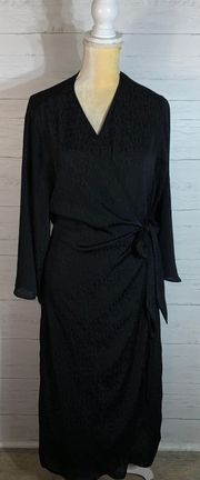 black creped  wrap tie waist semi-sheer midi dress size M