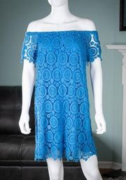 Southern Tide Crochet Lace Off-the-Shoulder Dress Lined Preppy Solid Sky Blue S