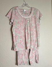 Miss Elaine Womens Cotton Nightgown L Pink Green Floral Lettuce Edge Sleepwear