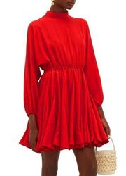 Rhode Caroline Ruby Red High Neck Long Balloon Sleeve Flared Skirt Mini Dress