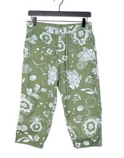 Fresh Produce Olive Green Floral Print Cotton Drawstring Capri Pants Size Small