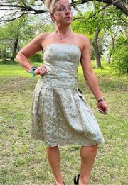 Y2K Jessica McClintock strapless gold blue foil floral pleat skirt prom dress