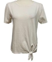 Top Blouse White Dressy T-Shirt Size Medium Knot Tie Short Sleeve Cotton
