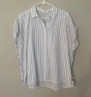 Women’s  White and Blue Stripe Short Sleeve Ruffle Blouse Top Large 100% Cotton