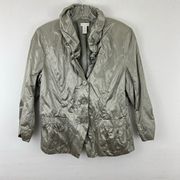 Chicos Size 1 M  Metallic Crinkle Jacket Silver - Drawstring Collar Pockets