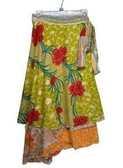 Iris Impressions India silk Floral Wrap Midi Tiered Ruffle reversible skirt