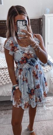 Blue Floral Tie Up Back Mini Dress 