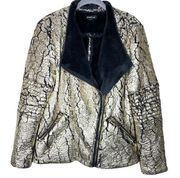 Cracked Metallic Faux Fur Coat Jacket Gold & Black Size Small