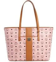 MCM Anya Top Zip Shopper Soft Pink Black Logo Coated Canvas and Leather Tote