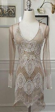 White Crochet Lace Nude Mesh Sheath Dress Long Sleeves XS